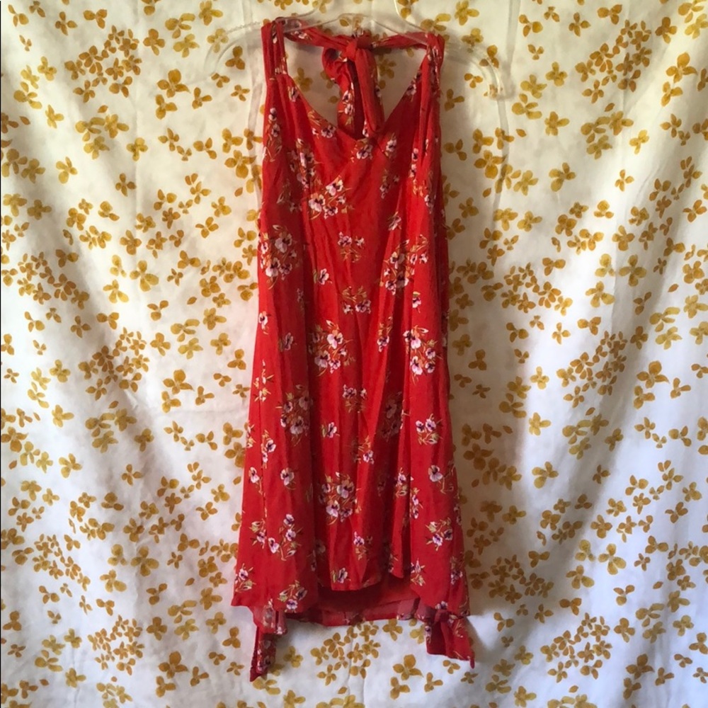Red-Orange Flower Halter Dress